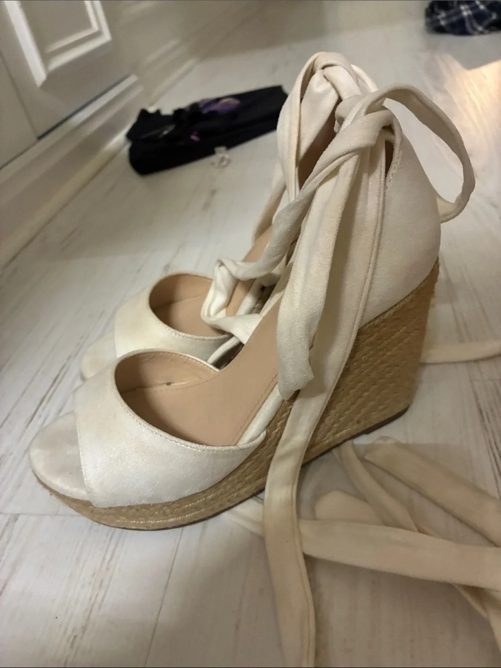 Women’s Cream Espadrille Wedge Sandals with Ankle Wrap